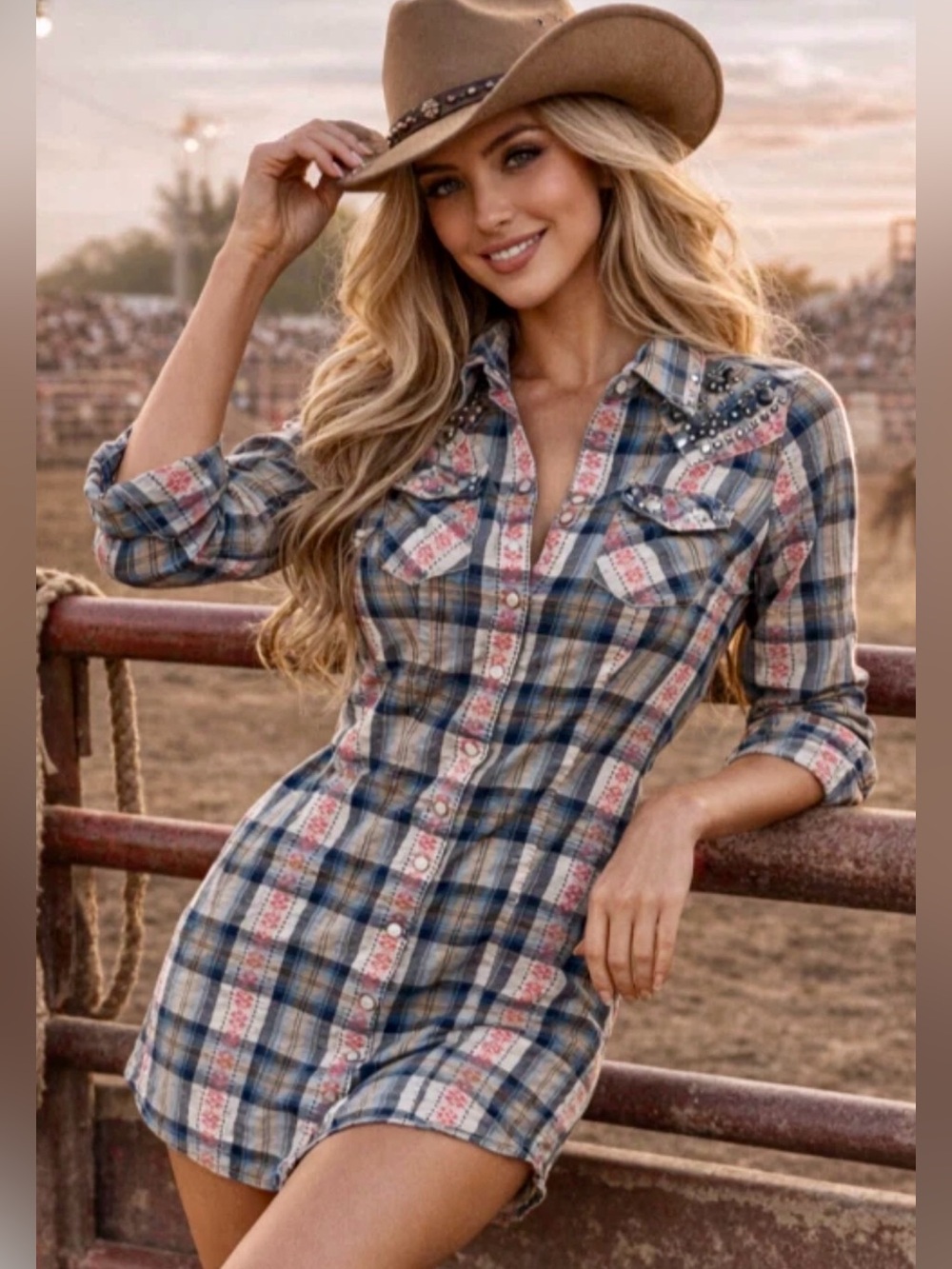 Guess Plaid Mini Shirt Dress in Blue and Cream with Pink Accents